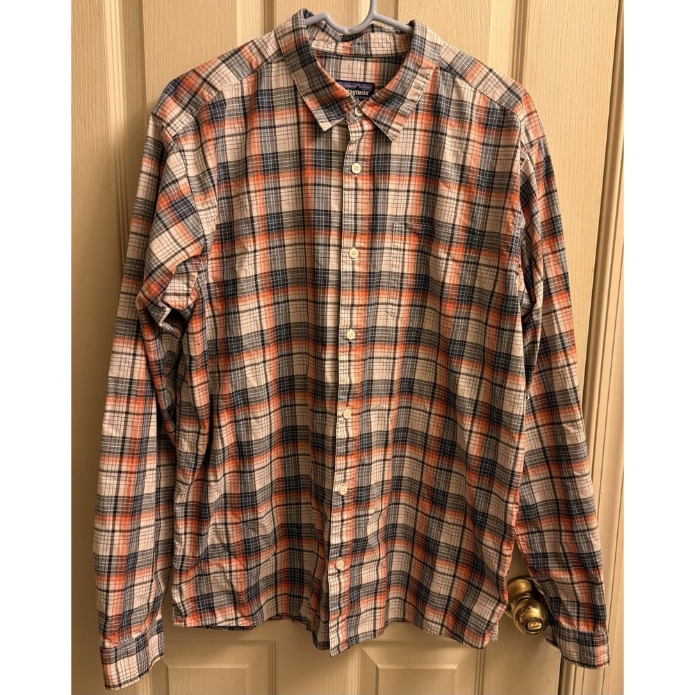 Patagonia Men's Button Shirt Long Sleeve Organic Cotton Blue Orange Plaid Large